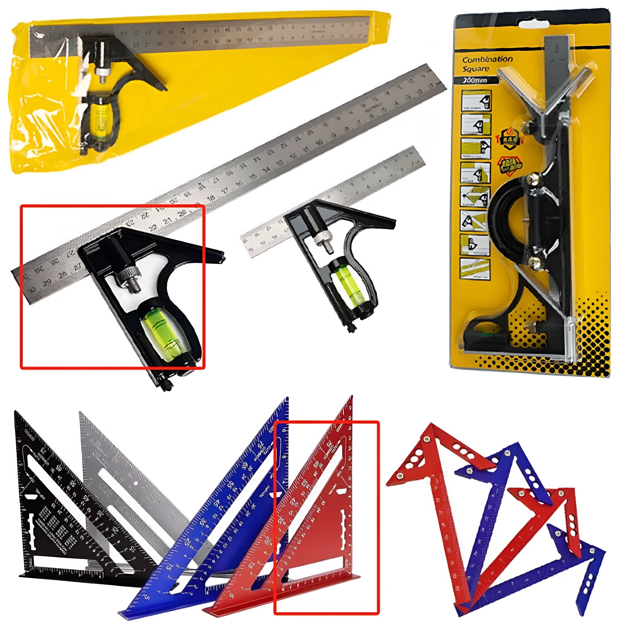Red metal combination angle ruler set with 7-inch length and metric measurements for civil surveying