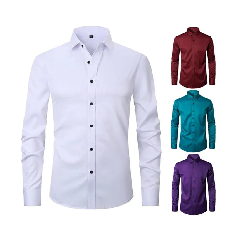 Men's long sleeve stretch work shirt in polyester fabric on a hanger