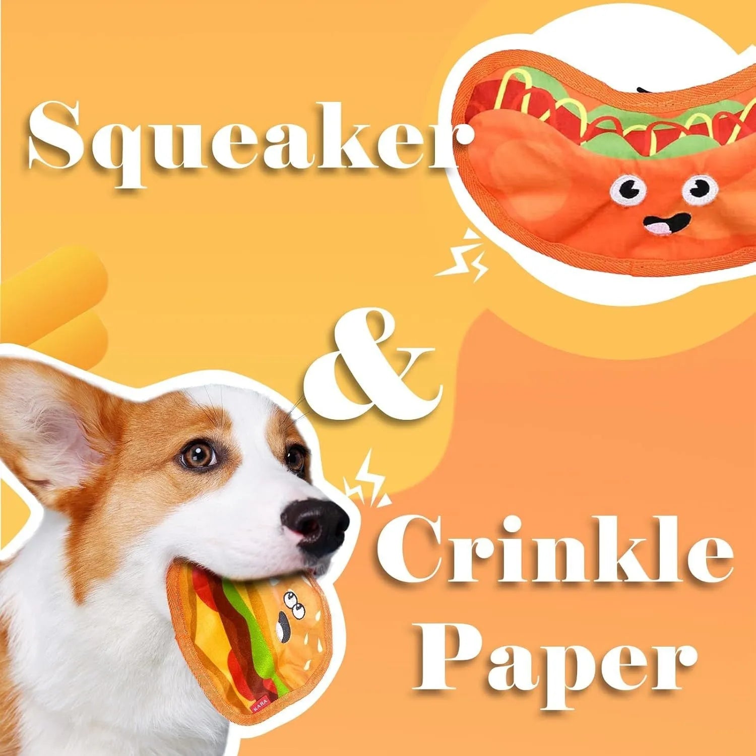 Hamburger-shaped crinkle and squeaky dog toy with vivid colours