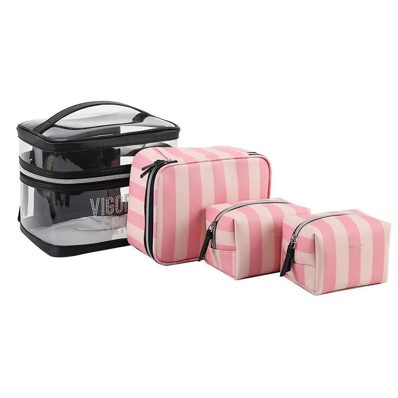 Pink bold stripes floral pattern waterproof synthetic leather buggy makeup bag folded open
