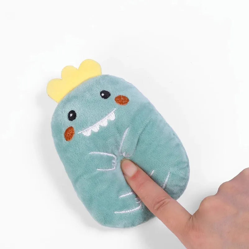 Plush catnip chewing toy for teeth grinding in assorted colours on a white background