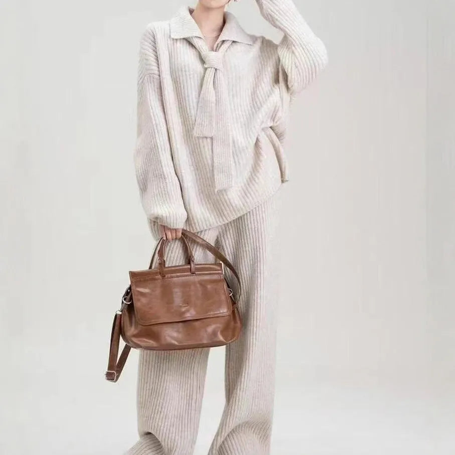 Women's dark grey knit sweater and matching trousers casual two-piece set