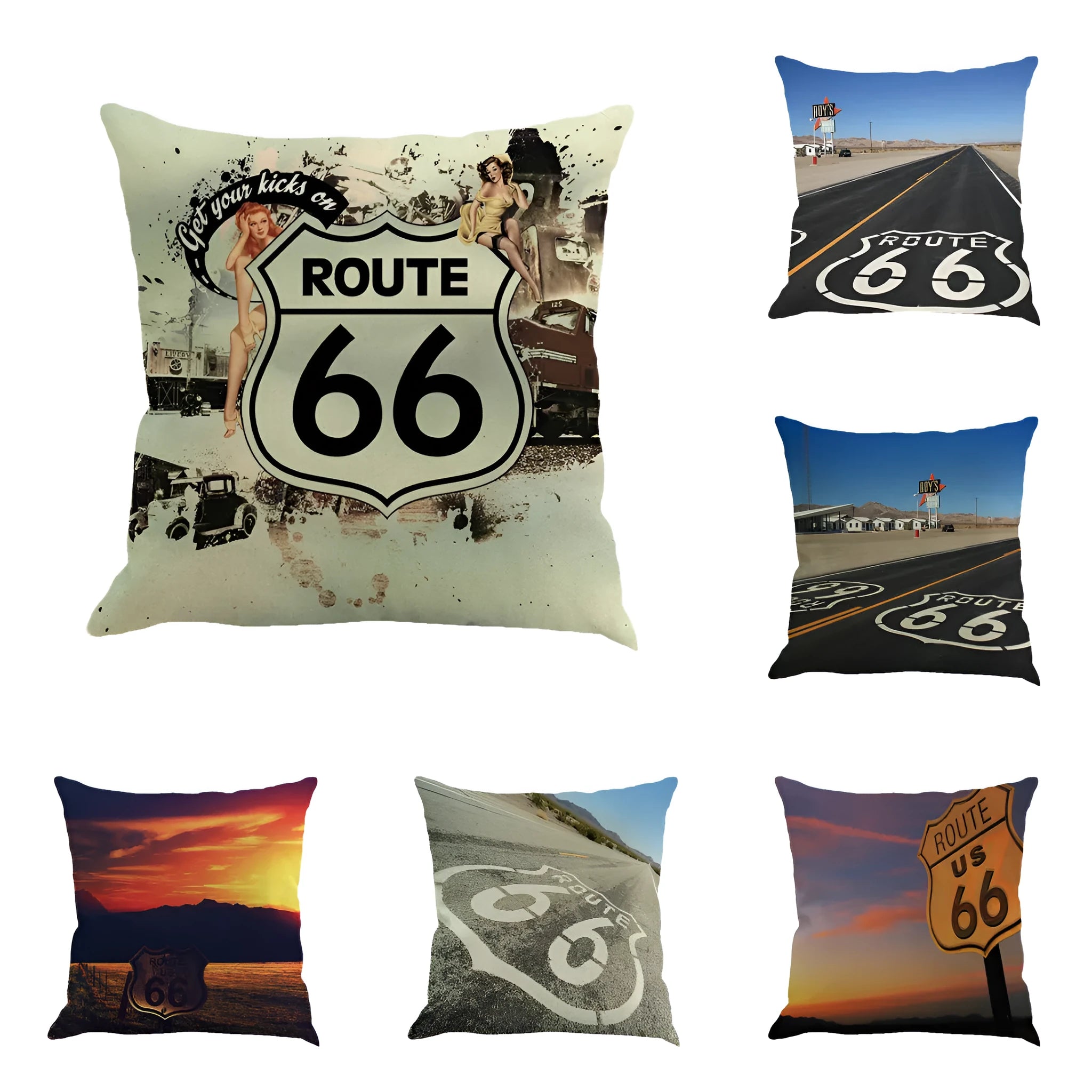 Route 66 landscape print linen cushion cover 45x45 cm on a grey sofa