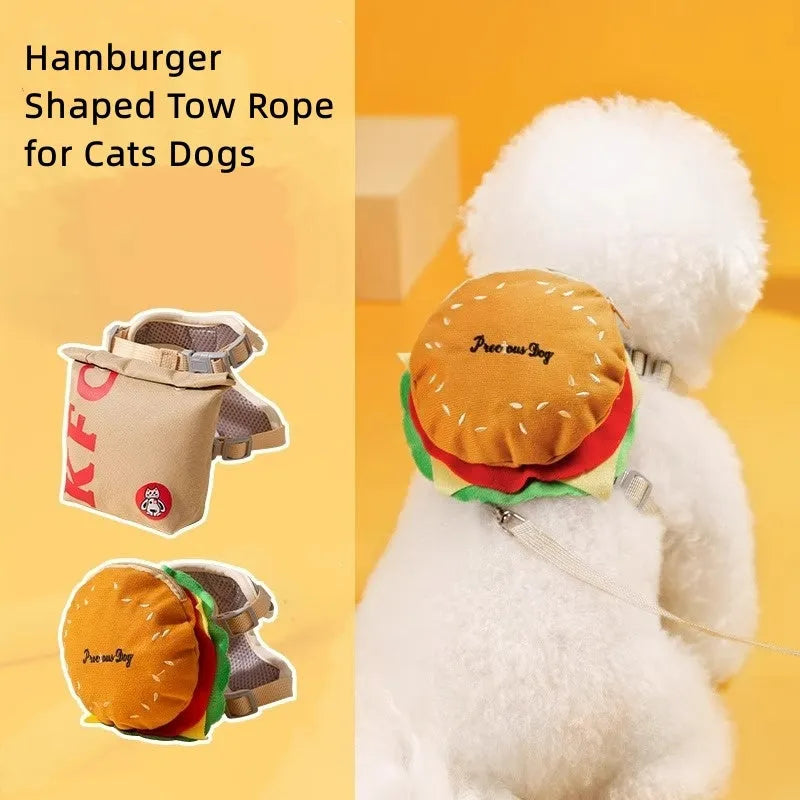 Cartoon hamburger design adjustable pet walking vest with leash and matching backpack for cats and dogs