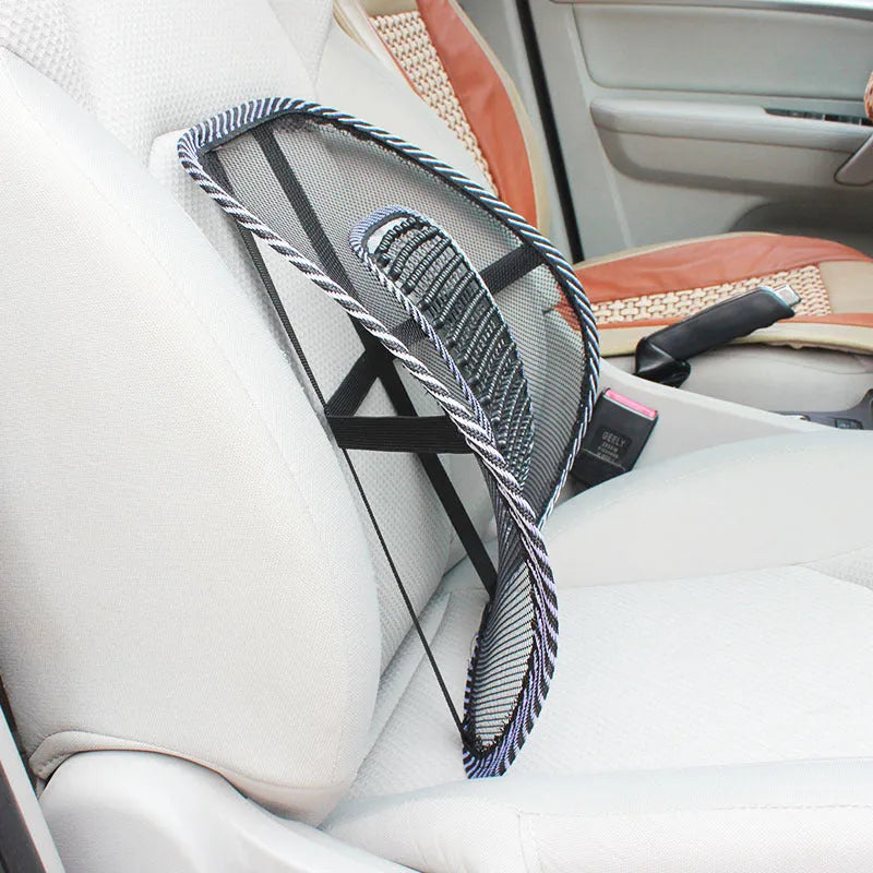 Black lumbar support pillow with leather nail pattern detailing measuring 41x39cm