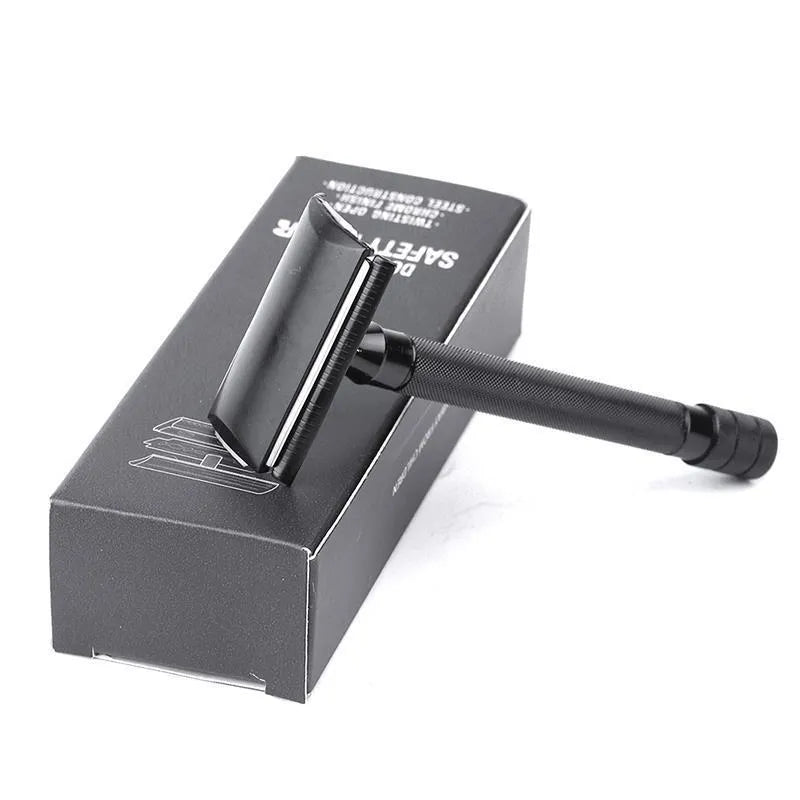 Manual stainless steel shaver and brush set for traditional wet shaving in black or silver finish
