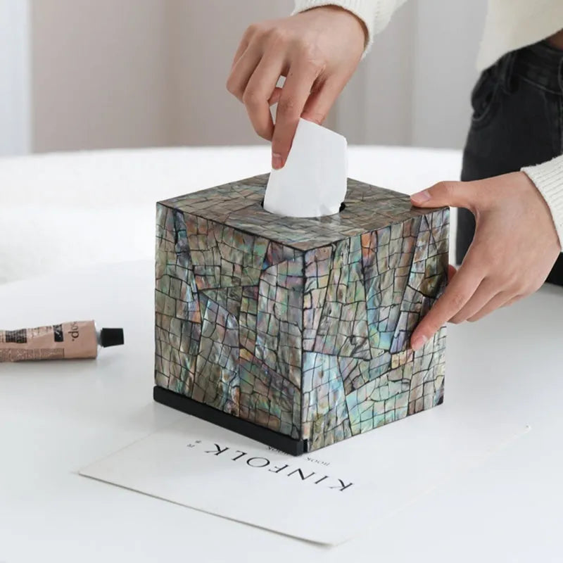 Natural shell tissue storage box with removable organisation in black rectangle and square styles