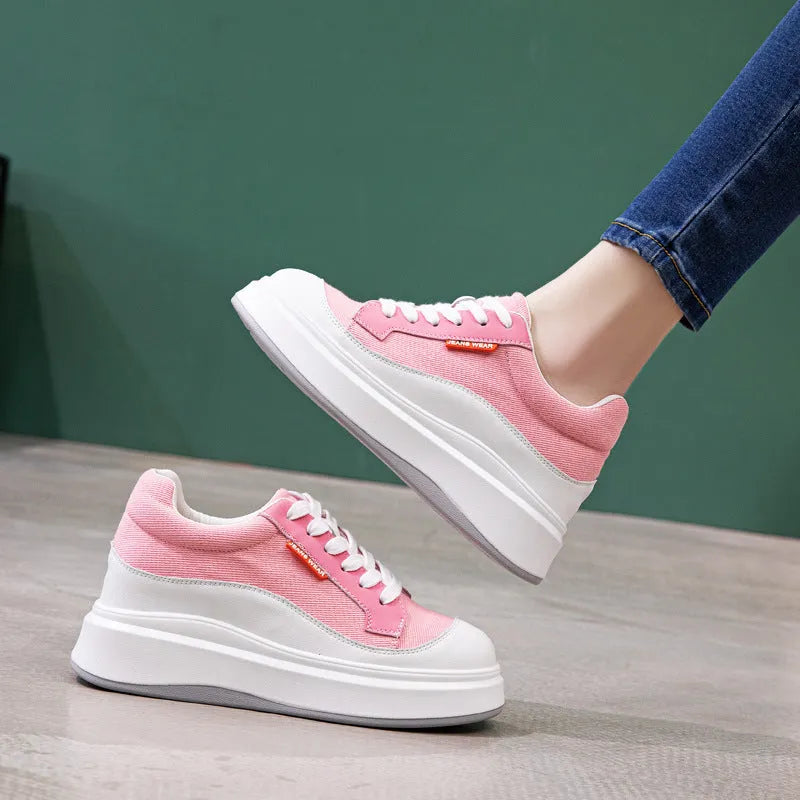 Women's beige leather board shoes with thick soles for height increase
