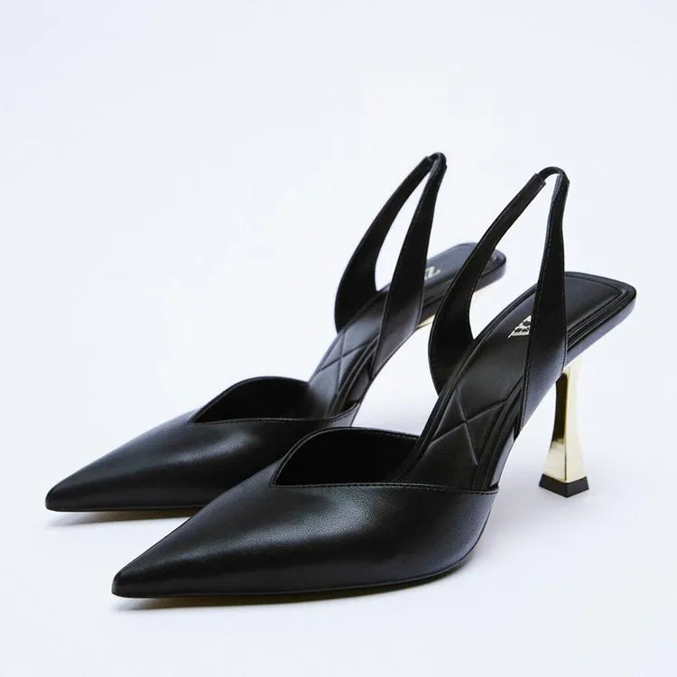 Women's pointed toe high heels in apricot patent leather, showing shallow mouth design.