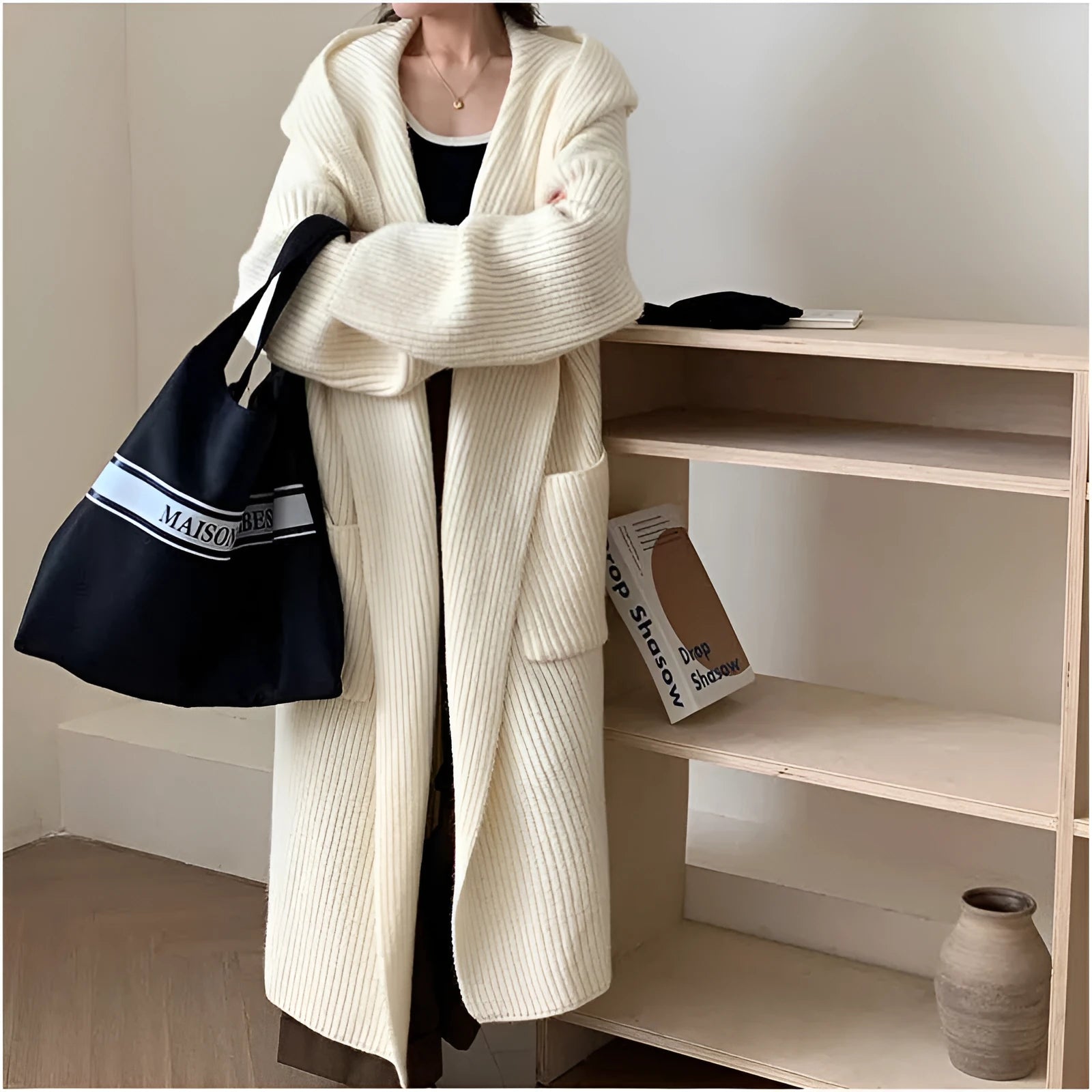 Women's loose hooded cardigan coat in extended 80cm length with raglan sleeves