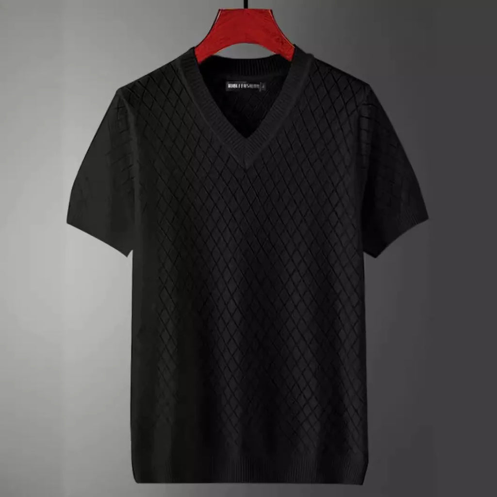 Men's ice silk T-shirt on a hanger, showing both V-neck and round neck options in black and white.