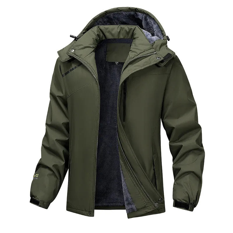 Men's plus size hooded coat in Army Green, made from waterproof polyester fabric.