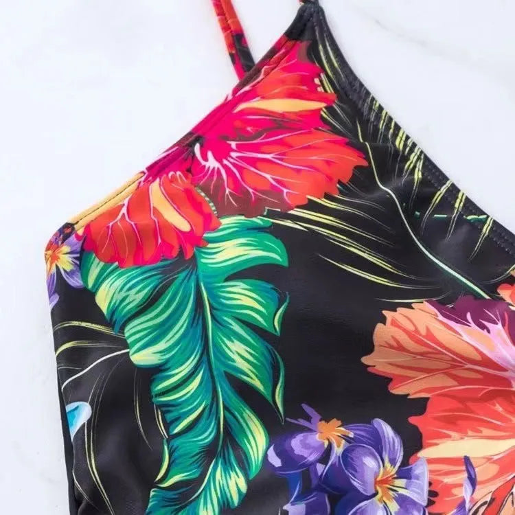 Black women's high waist briefs printed split bikini for sports and swimming activities