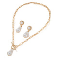 Gold-tone iron Baroque pearl necklace and matching ear stud jewellery set for women