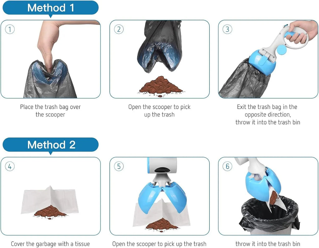Blue ABS plastic pet pooper scooper with built-in trash bag holder and top hook.