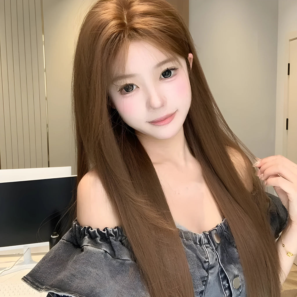 Warm brown long straight lace front wig with centre-parted bangs and side bangs.