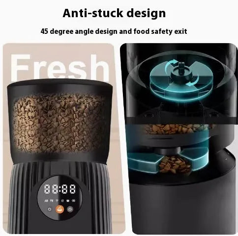 Black automatic pet feeder with digital display and food compartment