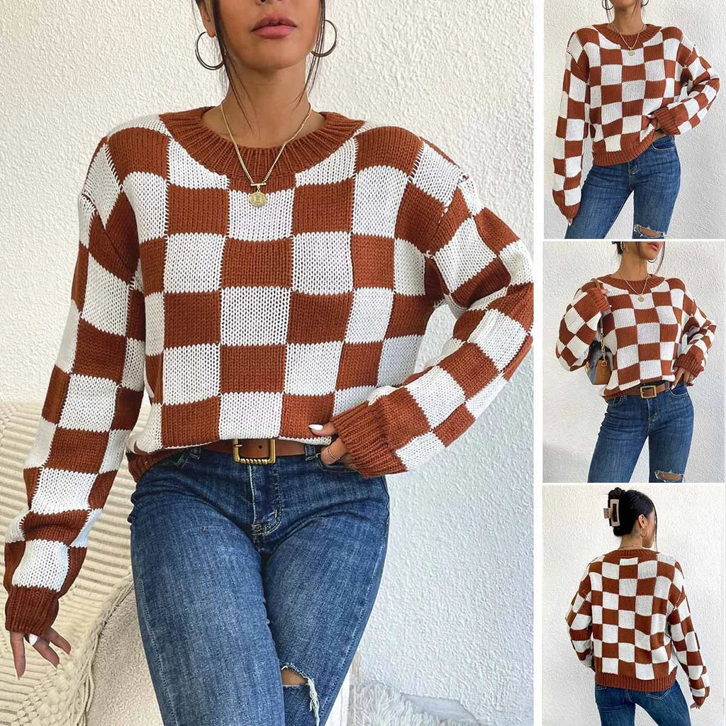 Dark brown plaid acrylic women's sweater with loose fit and round neck