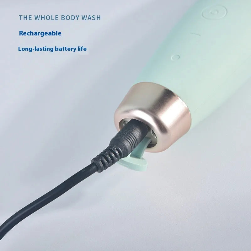 Green rechargeable electric facial cleaner with silicone and ABS body, seven speed settings for deep cleaning.