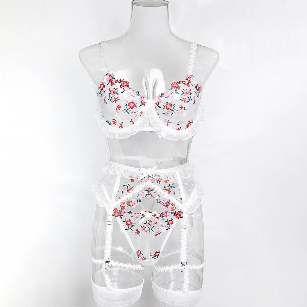 White four-piece mesh lingerie set with floral embroidery, dot detail and pleated lace, sizes S M L