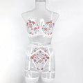 White four-piece mesh lingerie set with floral embroidery, dot detail and pleated lace, sizes S M L