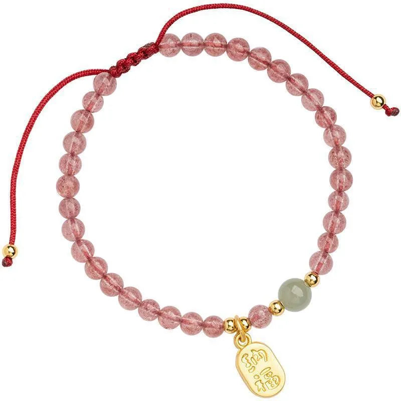 Hand-woven red rope bracelet with strawberry quartz crystal elements in simple women's style