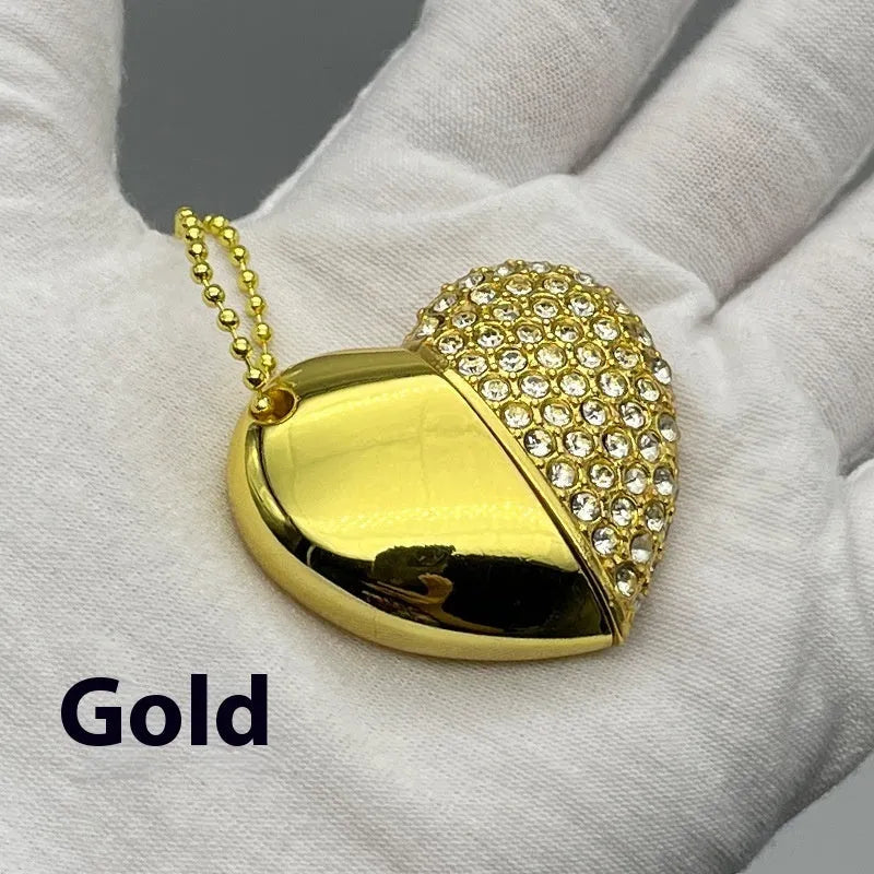 Heart-shaped USB flash drive with a brick-inlaid pattern on a metal shell, shown in multiple colour options.