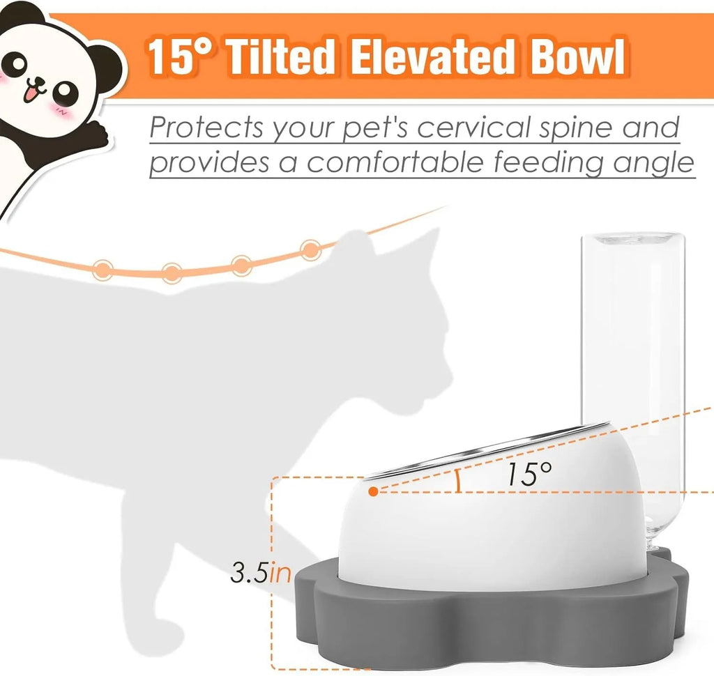 Grey elevated pet bowl set with tilted stainless steel bowls and automatic water bottle