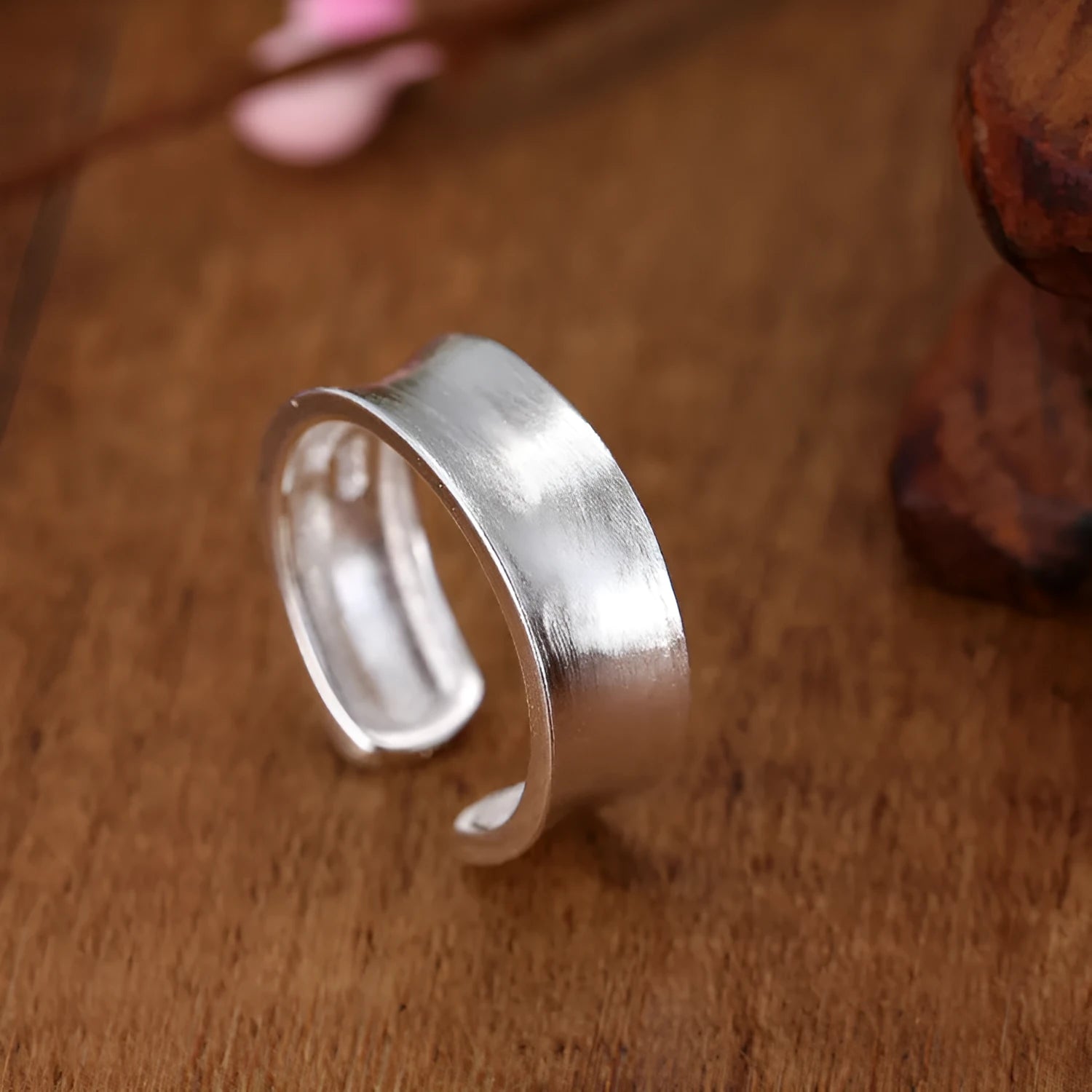 Korean frosted sterling silver adjustable open ring with geometric design on finger