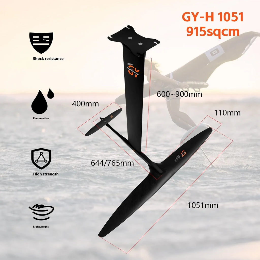 Black carbon fibre hydrofoil surfboard with large aluminium alloy front wing