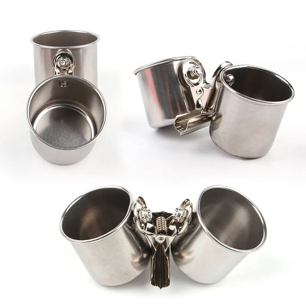 Stainless steel bird feeder food container in natural metal colour for outdoor use.