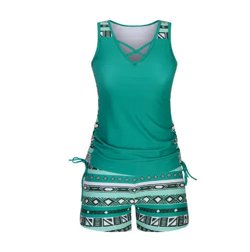 Women's printed lace two-piece swimsuit showing top and shorts in floral pattern