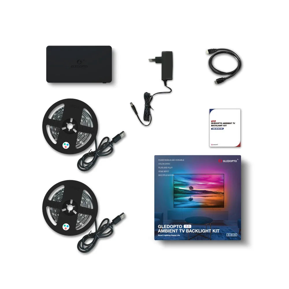 HDMI SYNC RGB light strip controller display measuring 160x90mm with included junction box for media synchronised lighting