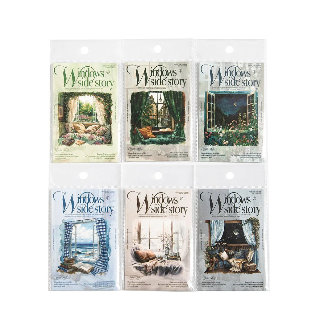 Retro style window-themed decorative stickers for journals in six colour variations