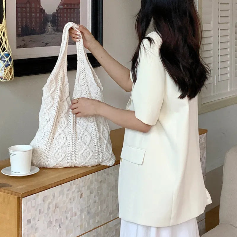 Retro hollow-knitted wool yarn women's shoulder tote bag in solid colour with double straps