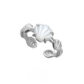Adjustable silver women's ring with shell design in shell white or tiger eye finish.