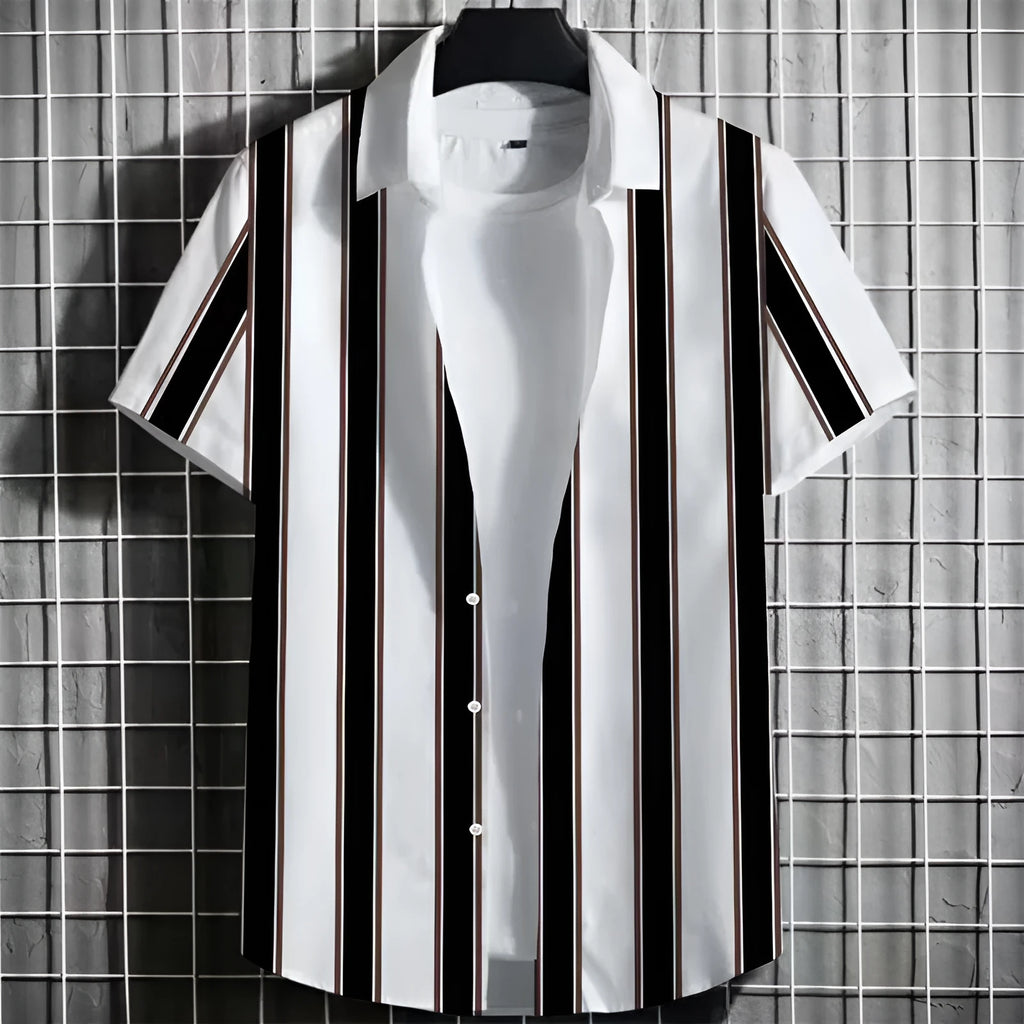 Man wearing a striped linen short-sleeve T-shirt with a 3D printed pattern.