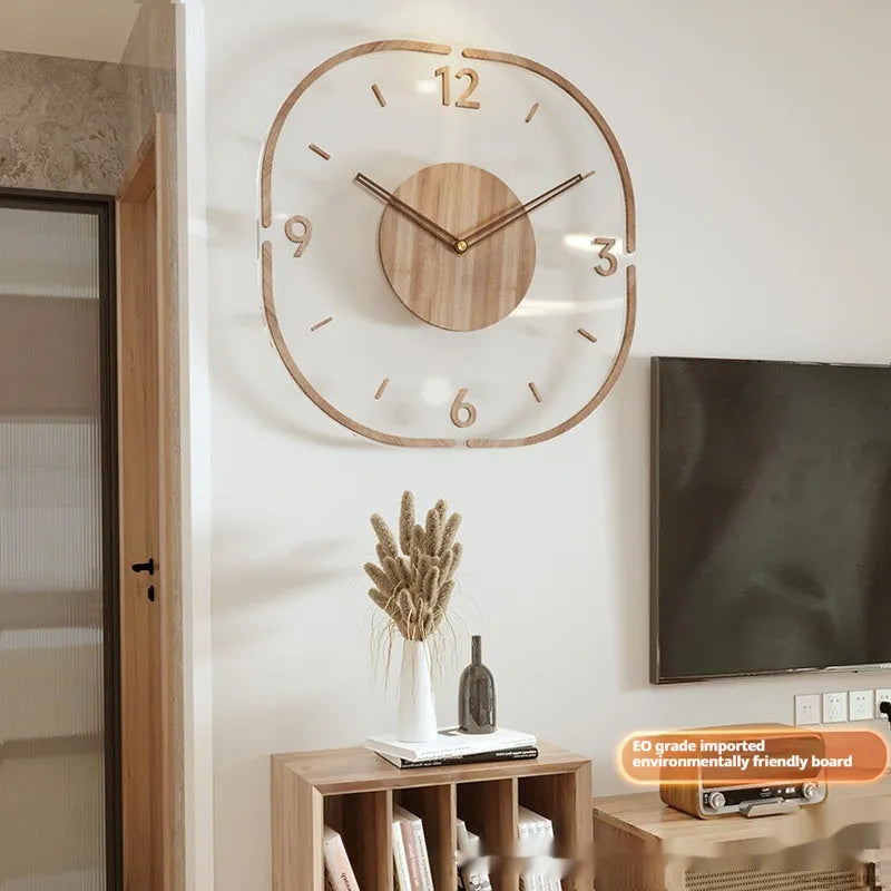 Square transparent wall clock with wooden frame showing visible quartz movement mechanism