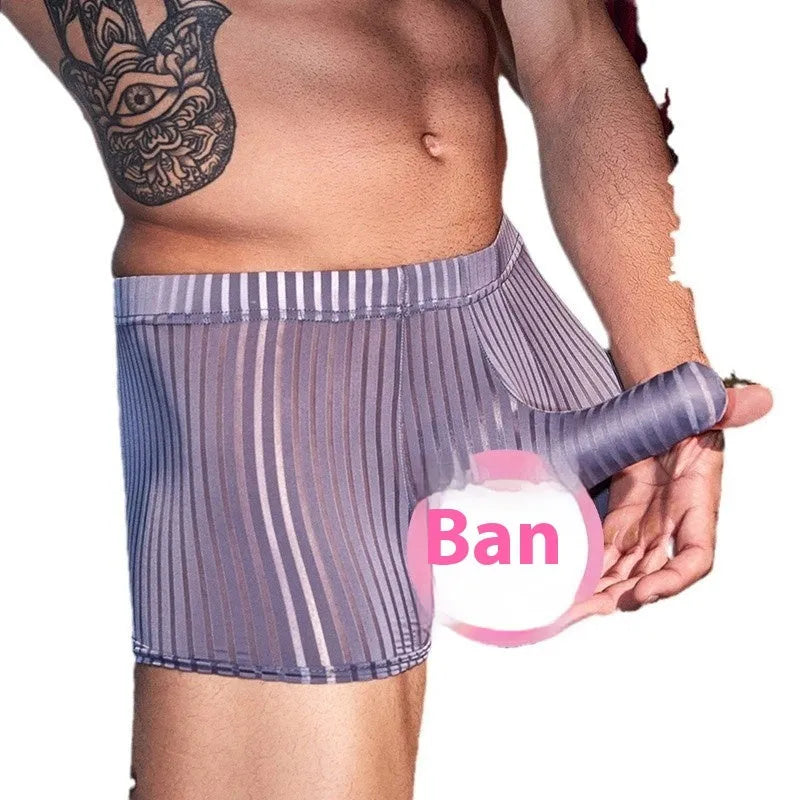 Men's black and white striped nylon boxer briefs laid flat, showing elasticated waistband and leg openings.