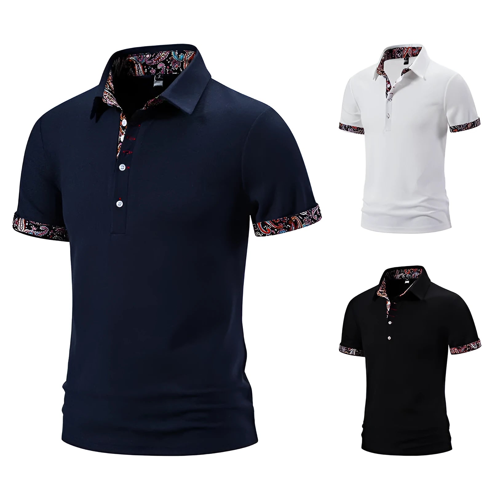 Men's short sleeve polo shirt in navy blue with colour stitching on the turnover neck.