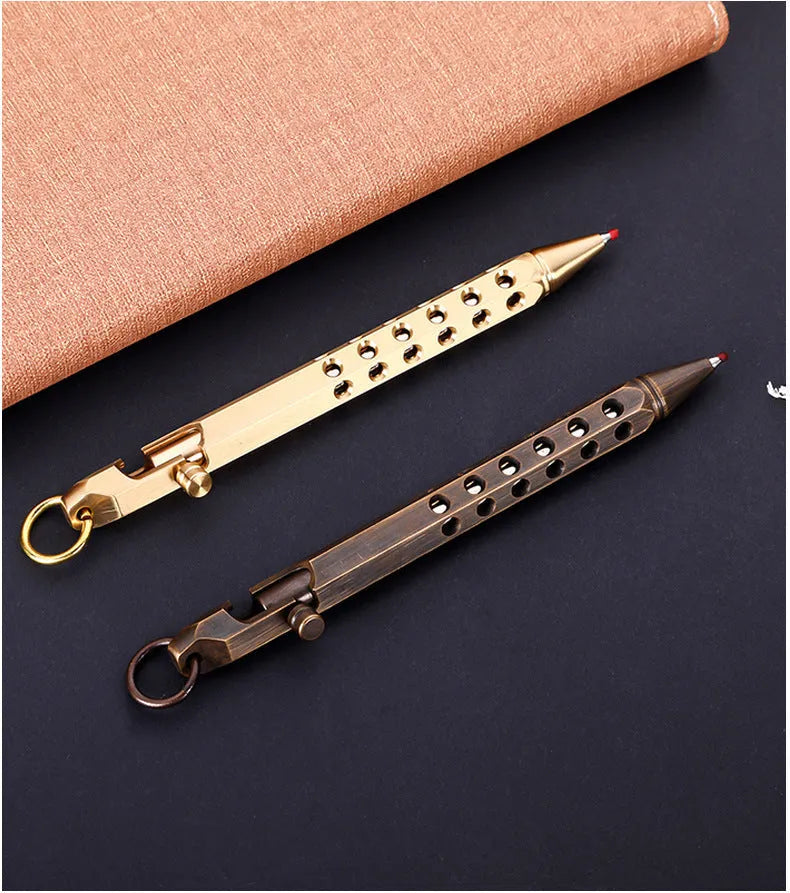 Brass hexagonal bolt pen with 0.5mm fine tip, shown in natural brass finish