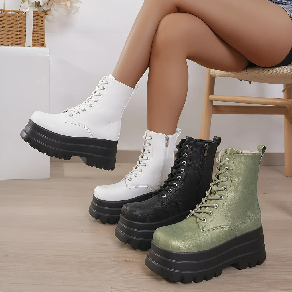 Women's white retro patchwork mid-calf boots with chunky platform heel and side zipper.