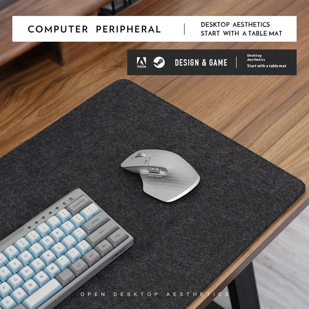 Medium grey felt cork oversized desk mat with Japanese style simple design on a wooden desk.