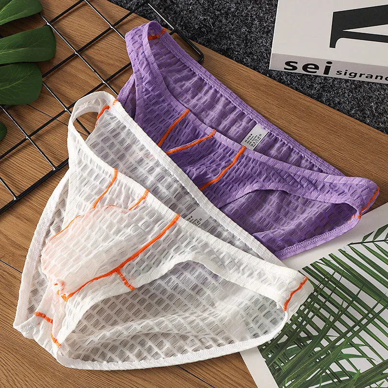 Men's low waist lace briefs in white, black, green, red, and light purple on a size chart.