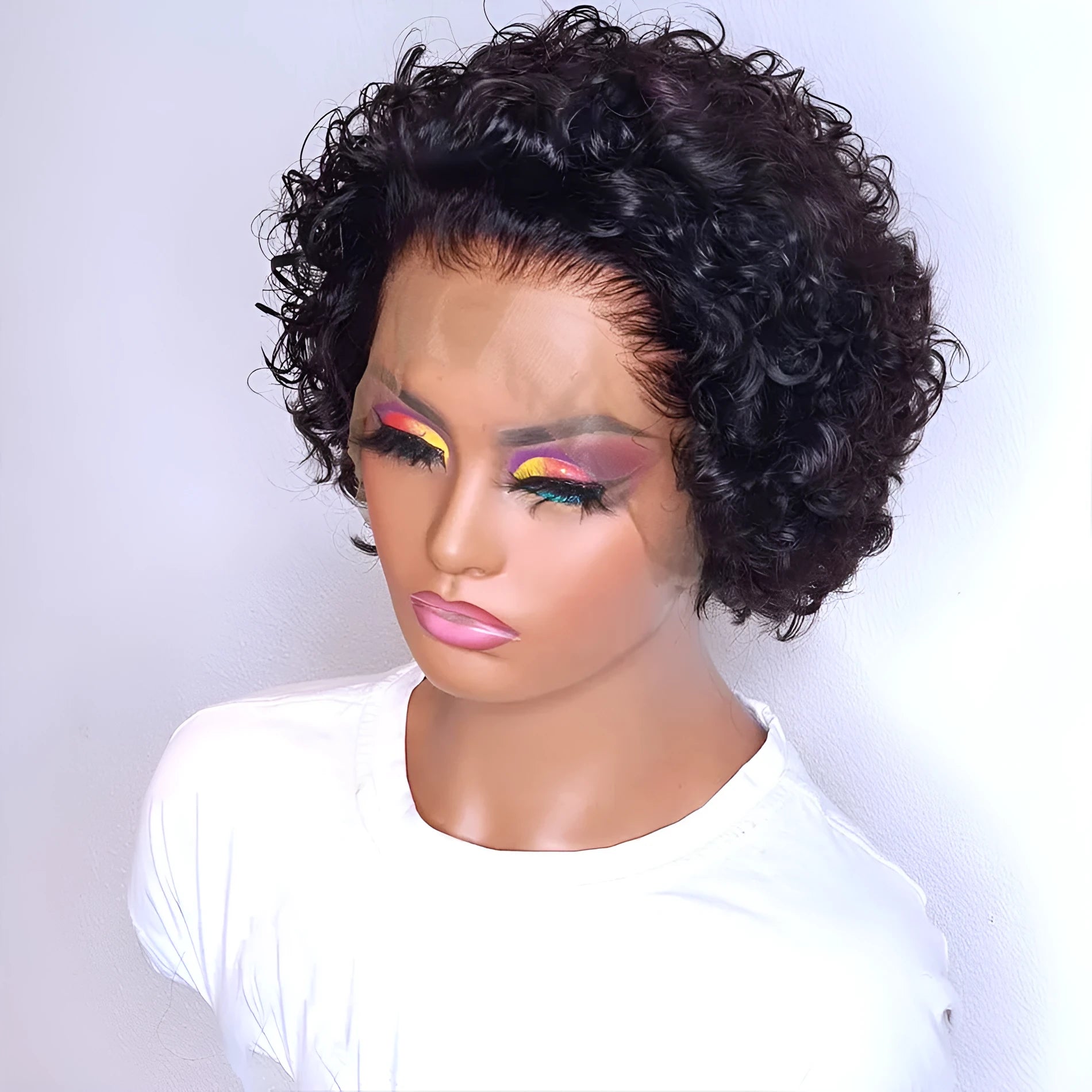 Black human hair wig with lace cover in pixie cut style, 13x1 colour