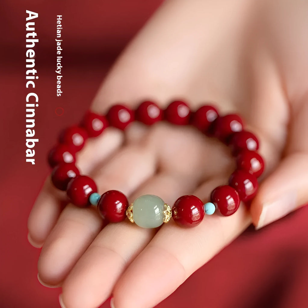 Cinnabar Hetian Jade beads bracelet with geometric ellipse shapes in purple gold sand colour
