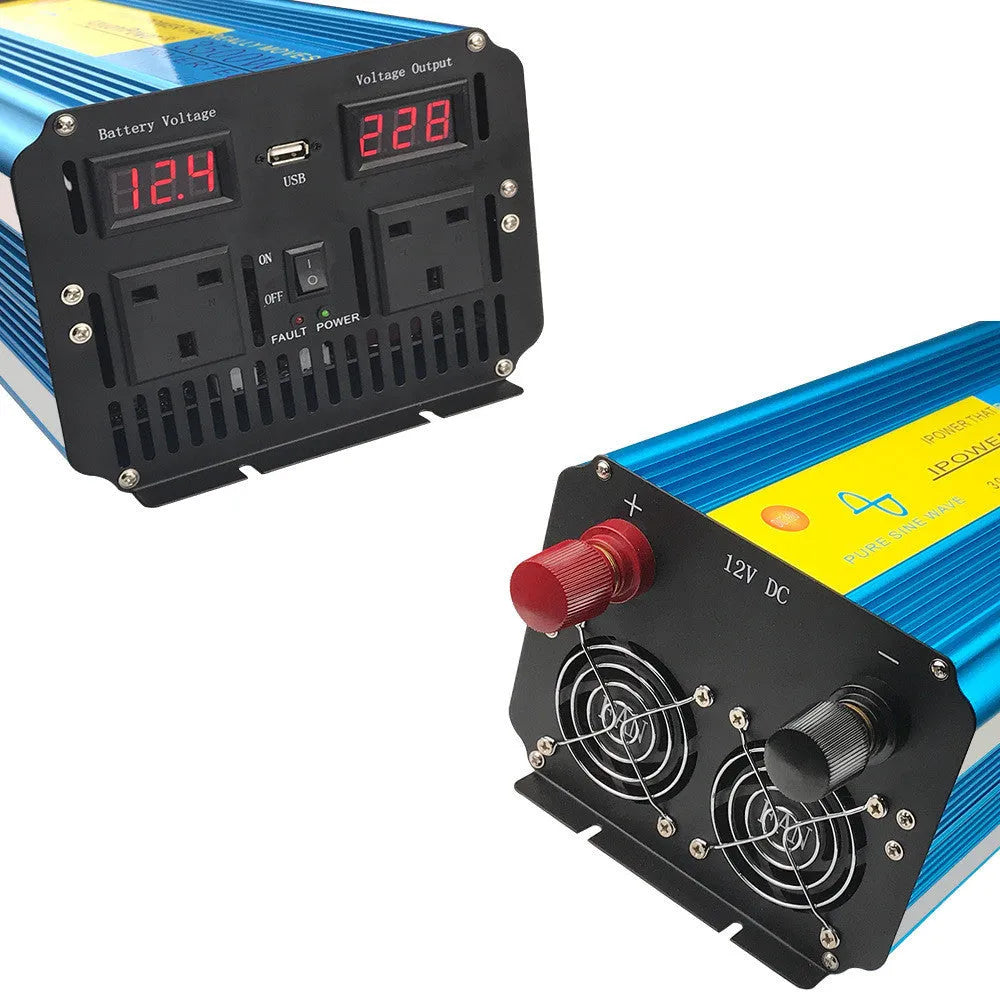 Blue 3000W pure sine wave car power inverter with digital displays and UK sockets