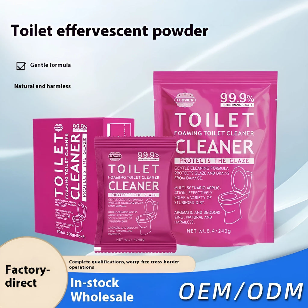Toilet bubble powder in blue ocean or pink floral scent, in a large bag or box of 5 sachets, for descaling and anti-blocking.