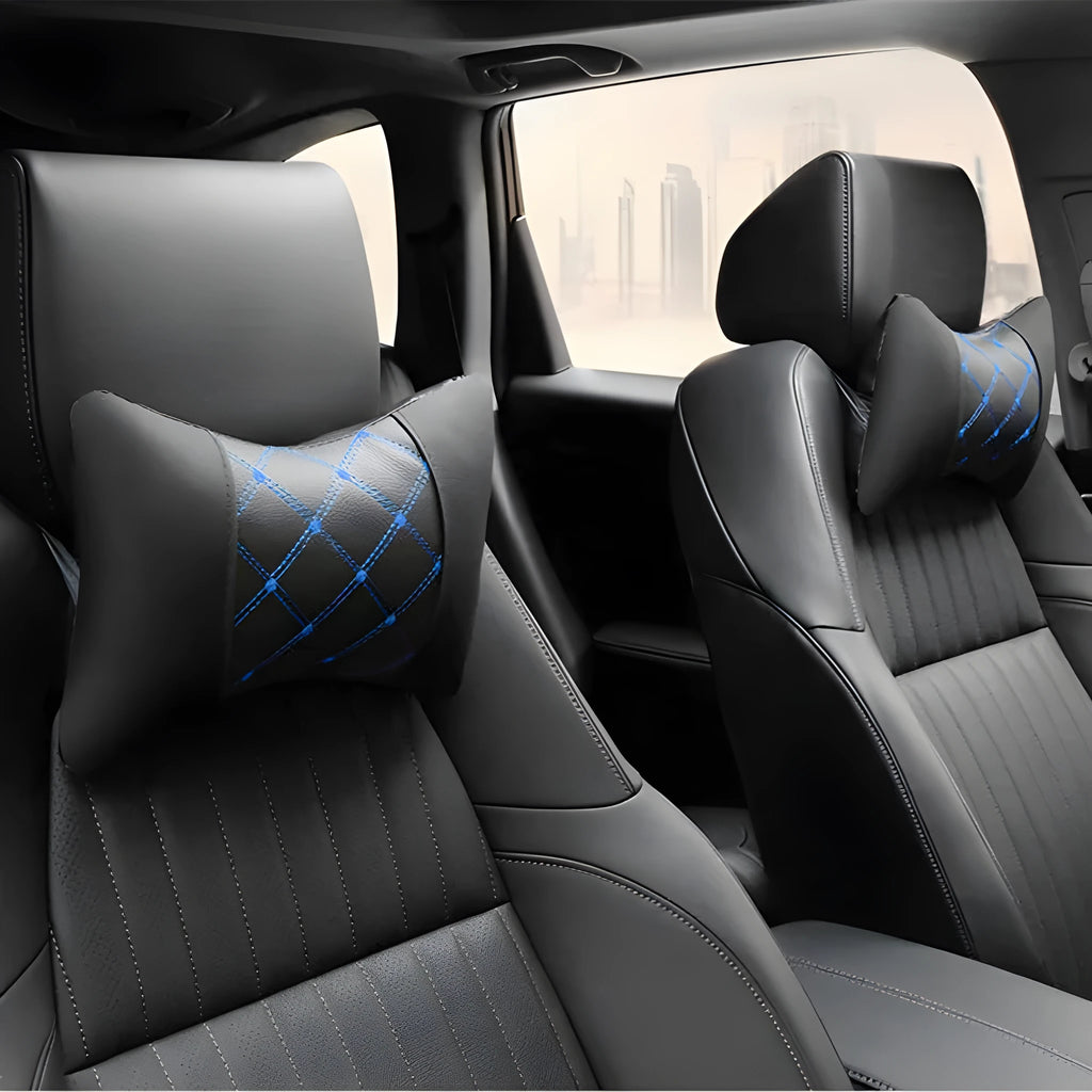 Black diamond quilted car headrest pillow with contrast stitching for neck and cervical support.