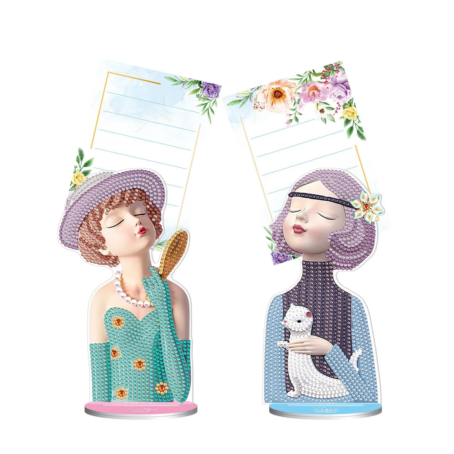 Diamond painting decorative note clip with frameless handmade American craft design on a desktop.